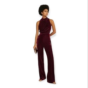 REISS JOAN Berry Red Sleeveless Open Back High Neck Velvet Straight Leg Jumpsuit